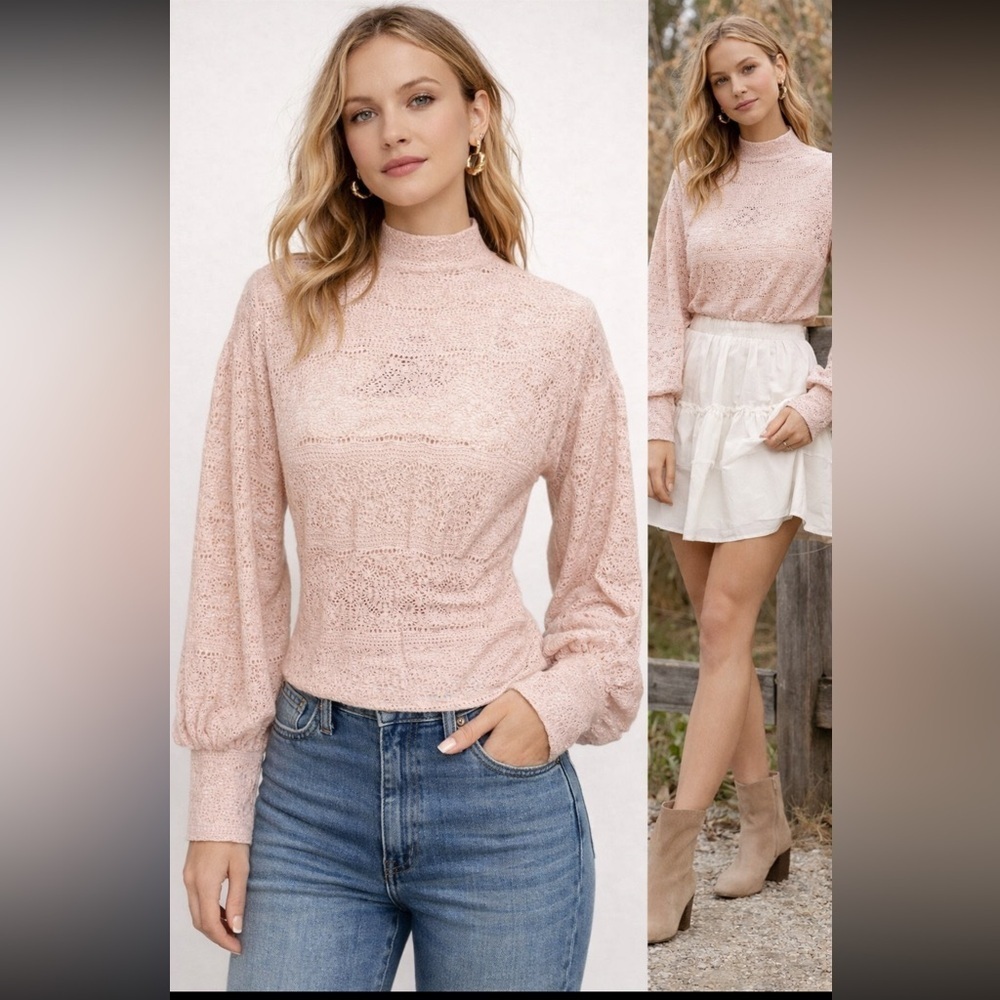 Free People Blush Pink Lace Mock Neck Top Balloon Sleeve Sheer Knit Boho L - Picture 2 of 13
